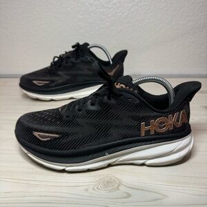 HOKA One One Clifton 9 Women Running Walking Shoe Black/Rose Gold Sz 9 B Comfort